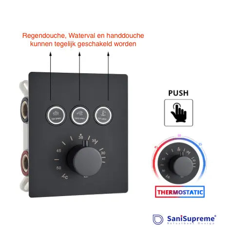 SaniSupreme® SmartPulse Plafond Thermostatische Doucheset Alicante 3 weg 30 cm regendouche vierkant mat zwart