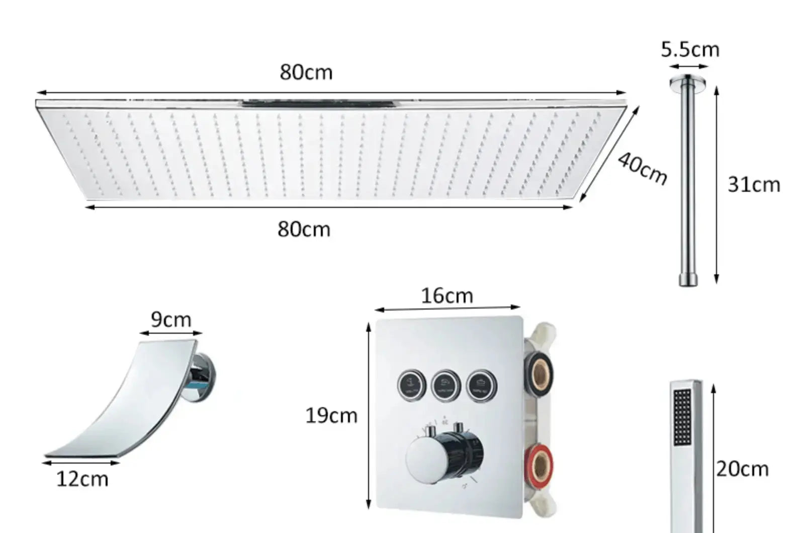 SaniSupreme® SmartPulse Plafond Thermostatische Doucheset Alicante 3 weg Waterval 40x80 cm regendouche Chroom Glans