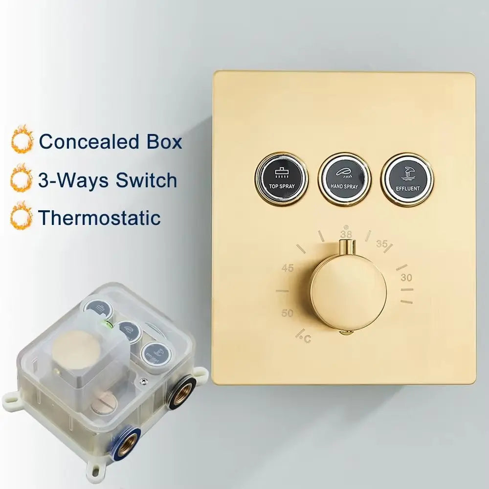 SaniSupreme® SmartPulse Inbouw Plafond Thermostatische Doucheset Alicante 3 weg LED regendouche La Paz Goud Geborsteld