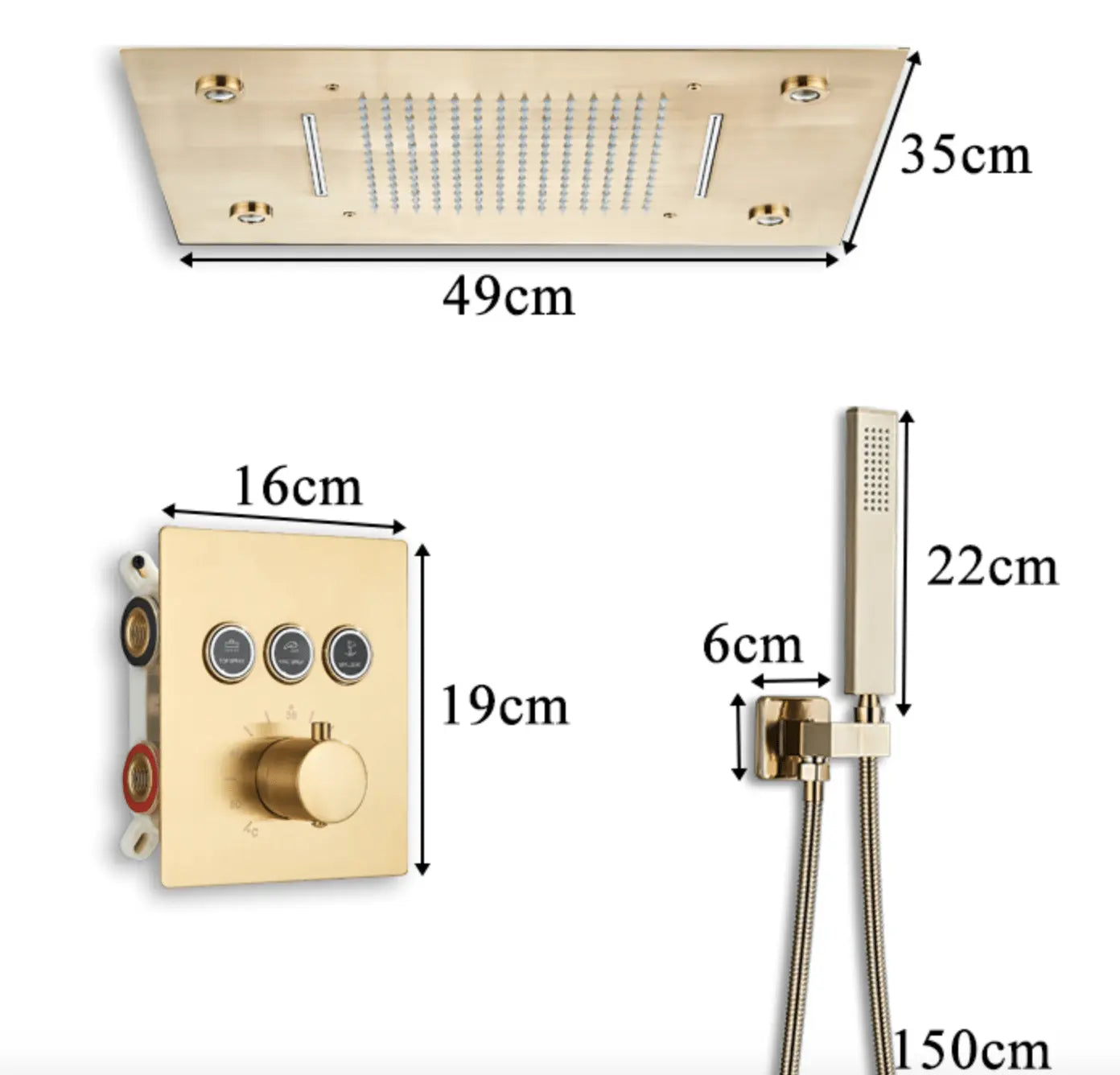 SaniSupreme® SmartPulse Inbouw Plafond Thermostatische Doucheset Alicante 3 weg LED regendouche La Paz Goud Geborsteld