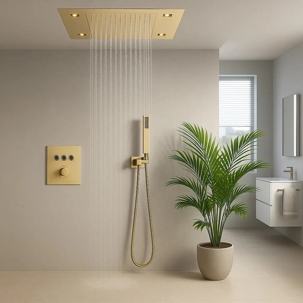 SaniSupreme® SmartPulse Inbouw Plafond Thermostatische Doucheset Alicante 3 weg LED regendouche La Paz Goud Geborsteld