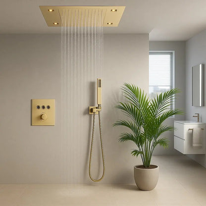 SaniSupreme® SmartPulse Inbouw Plafond Thermostatische Doucheset Alicante 3 weg LED regendouche La Paz Goud Geborsteld
