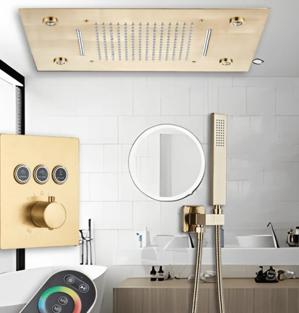 SaniSupreme® SmartPulse Inbouw Plafond Thermostatische Doucheset Alicante 3 weg LED regendouche La Paz Goud Geborsteld