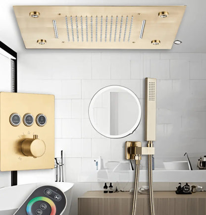 SaniSupreme® SmartPulse Inbouw Plafond Thermostatische Doucheset Alicante 3 weg LED regendouche La Paz Goud Geborsteld