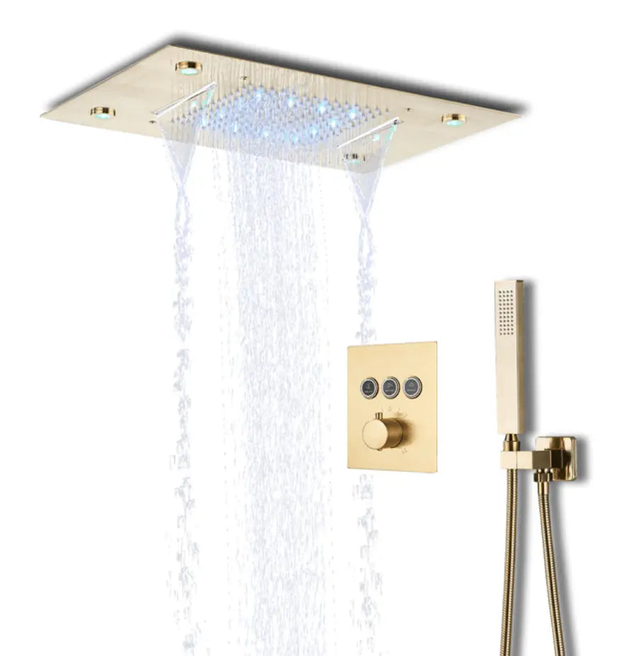 SaniSupreme® SmartPulse Inbouw Plafond Thermostatische Doucheset Alicante 3 weg LED regendouche La Paz Goud Geborsteld