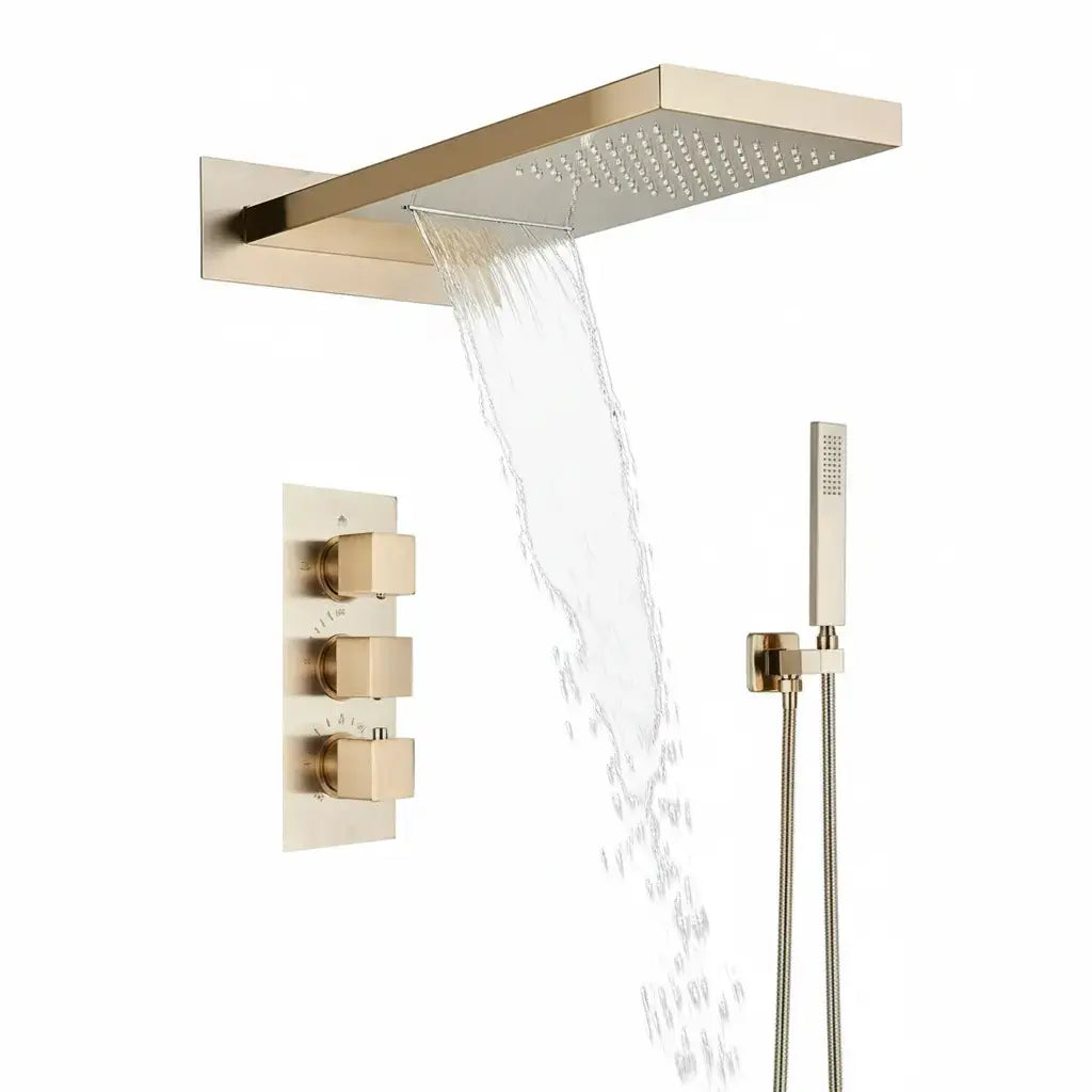 SaniSupreme SmartPulse Wand Thermostatische Doucheset Biarritz 3 weg waterval met regendoucheplateau geborsteld goud Sanisupreme