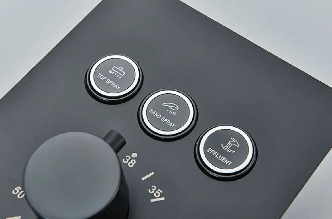 SaniSupreme® SmartPulse Wand Thermostatische Doucheset Biarritz 3 weg waterval met regendoucheplateau mat zwart