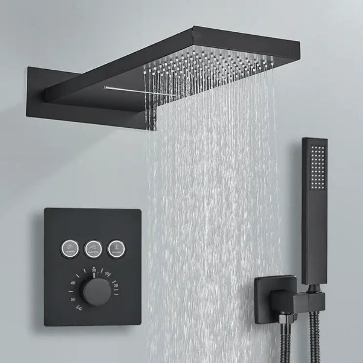 SaniSupreme® SmartPulse Wand Thermostatische Doucheset Biarritz 3 weg waterval met regendoucheplateau mat zwart