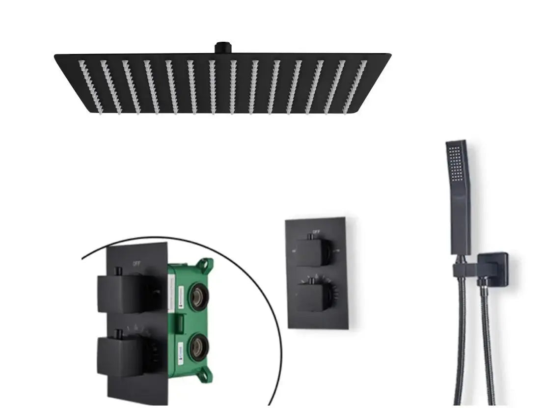 SaniSupreme Thermostatische Doucheset Manhattan Premium 12 inch 40 cm regendouche vierkant 2 - weg zwart inbouw