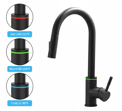 SaniSupreme thermostatische keukenkraan LED uittrekbaar Nordica Series zwart smalle uitloop Sanisupreme
