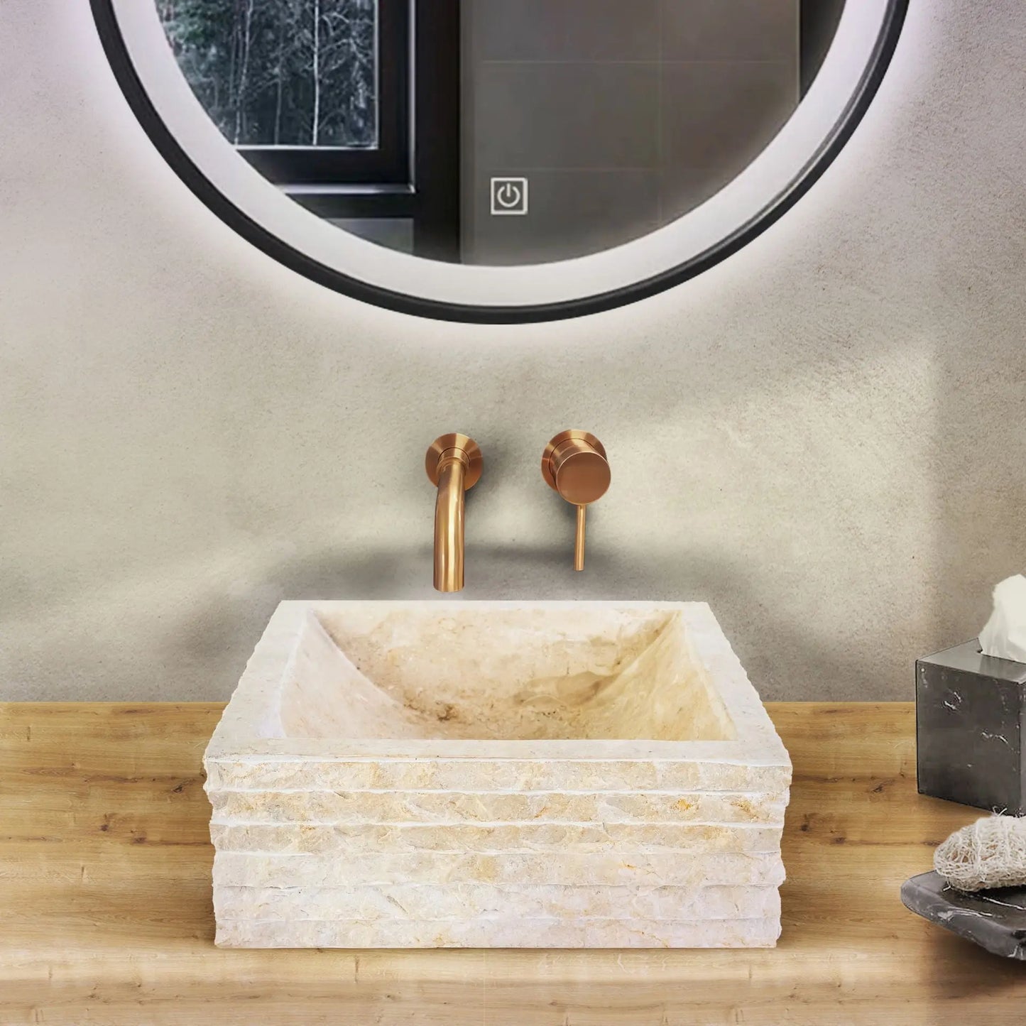 SaniSupreme Vierkante Waskom Jakarta gepolijste waskom kuipvorm van steen - Creme Stone Marmer 40x40x15CM