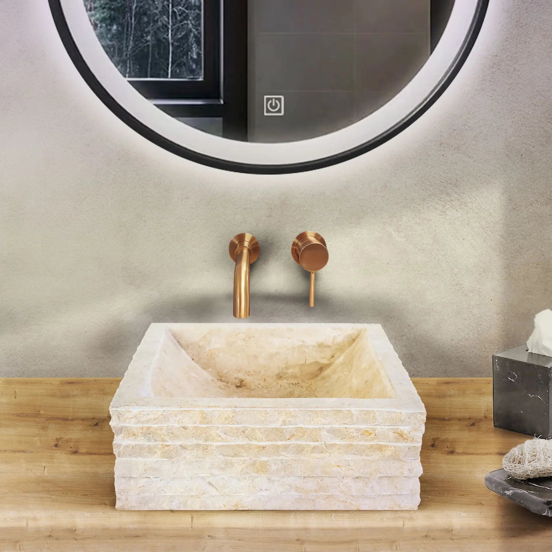 SaniSupreme Vierkante Waskom Jakarta gepolijste waskom kuipvorm van steen - Creme Stone Marmer 40x40x15CM