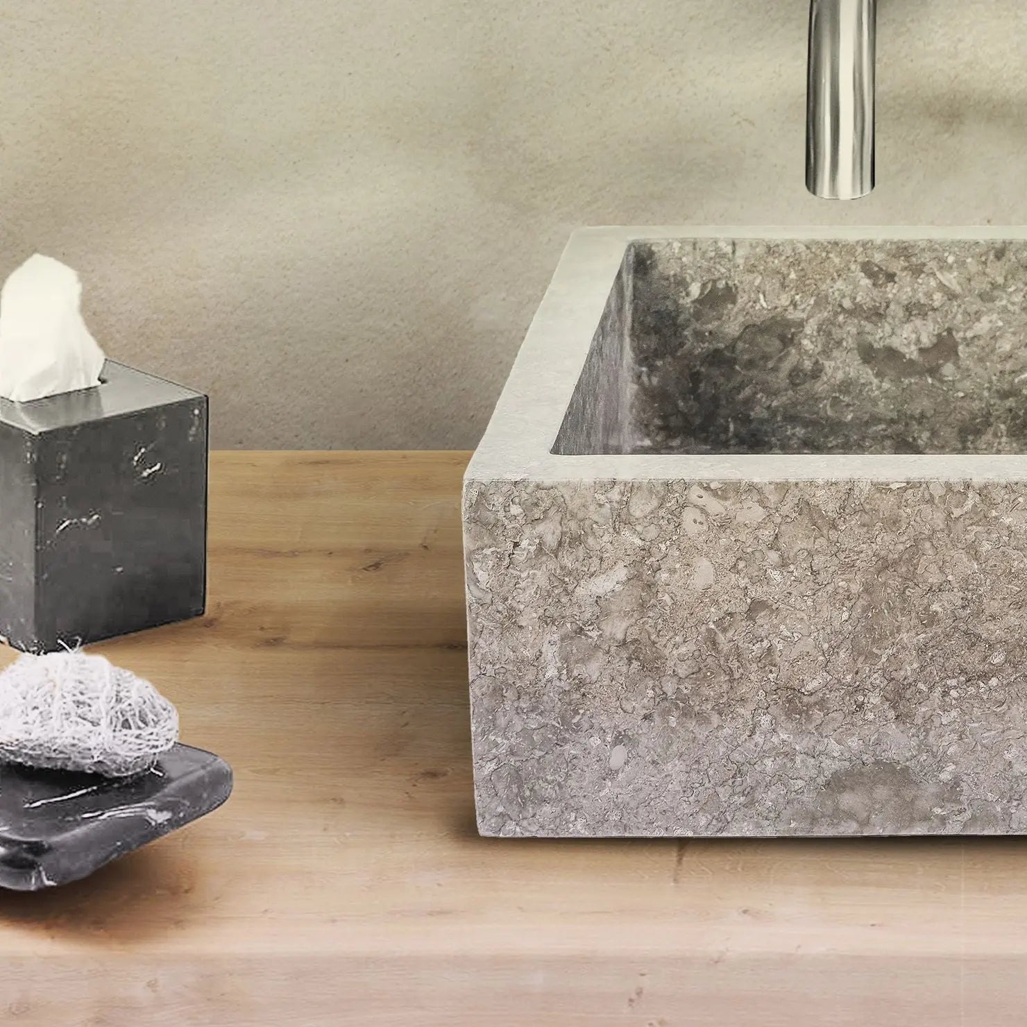 SaniSupreme Vierkante Waskom Jakarta gepolijste waskom kuipvorm van steen - Gepolijst Grijs Marmer 40x40x15CM