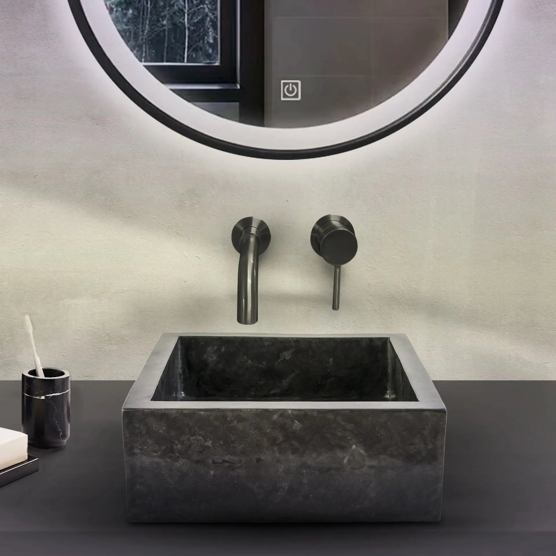 SaniSupreme Vierkante Waskom Jakarta gepolijste waskom kuipvorm van steen - Gepolijst Zwart Marmer 40x40x15CM