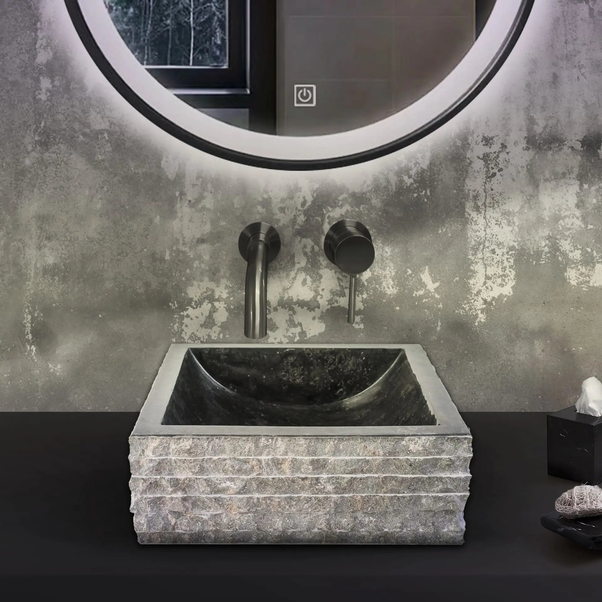 SaniSupreme Vierkante Waskom Jakarta gepolijste waskom kuipvorm van steen - Grijs Zwart Marmer 40x40x15CM