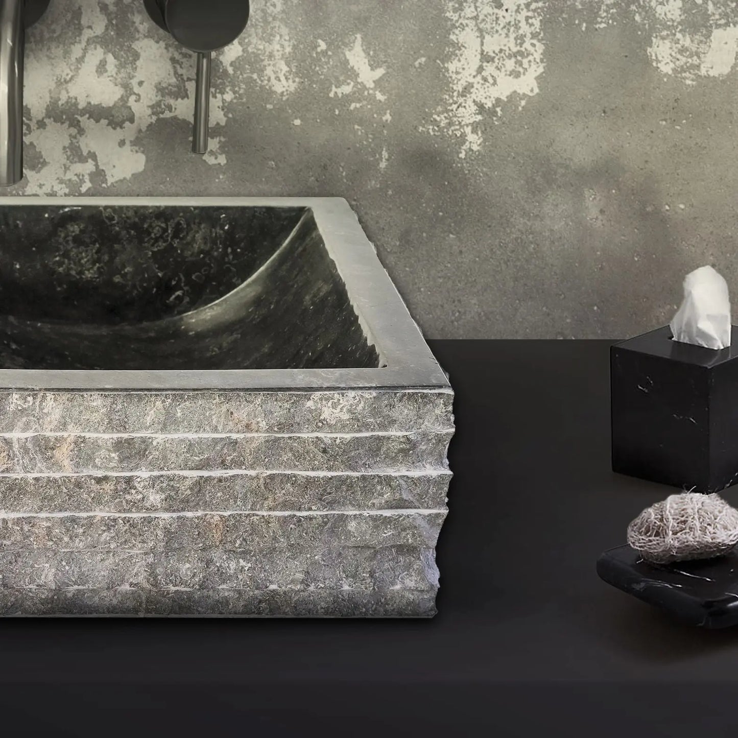 SaniSupreme Vierkante Waskom Jakarta gepolijste waskom kuipvorm van steen - Grijs Zwart Marmer 40x40x15CM