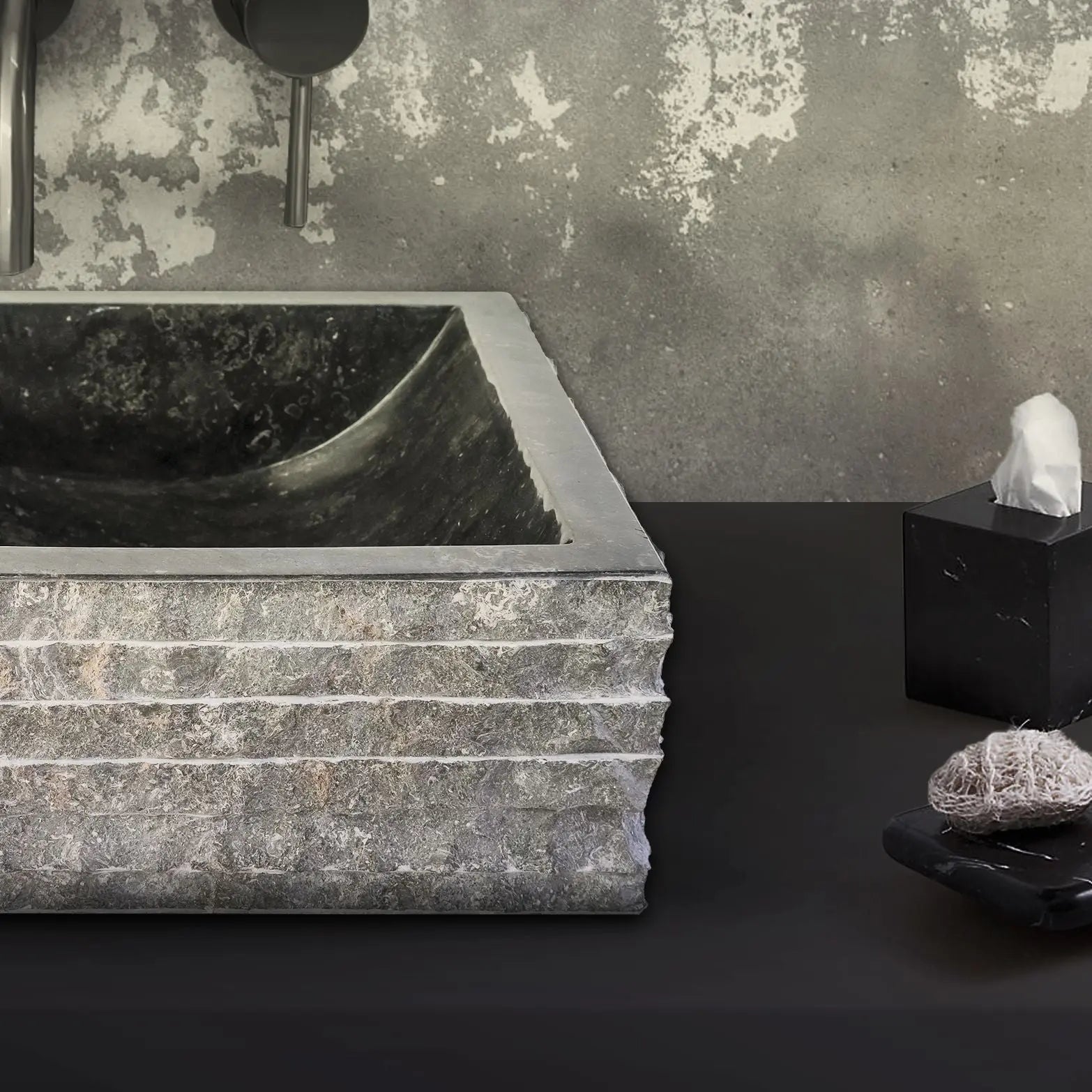 SaniSupreme Vierkante Waskom Jakarta gepolijste waskom kuipvorm van steen - Grijs Zwart Marmer 40x40x15CM