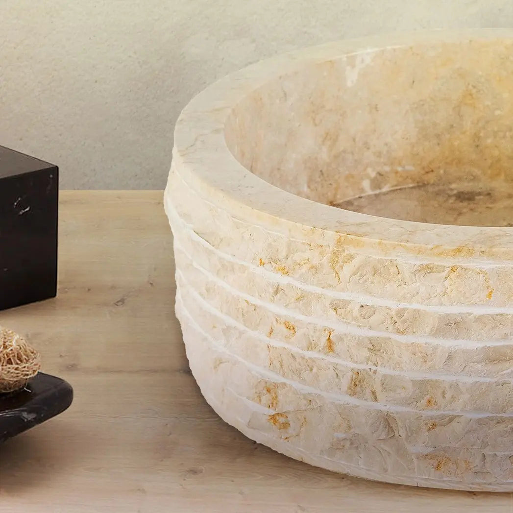 SaniSupreme Vierkante Waskom Jakarta gepolijste waskom Rond van steen - Creme Stone Marmer 40x15CM