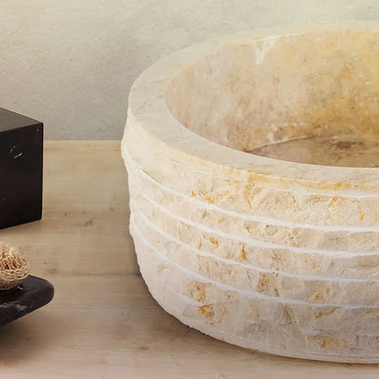 SaniSupreme Vierkante Waskom Jakarta gepolijste waskom Rond van steen - Creme Stone Marmer 40x15CM