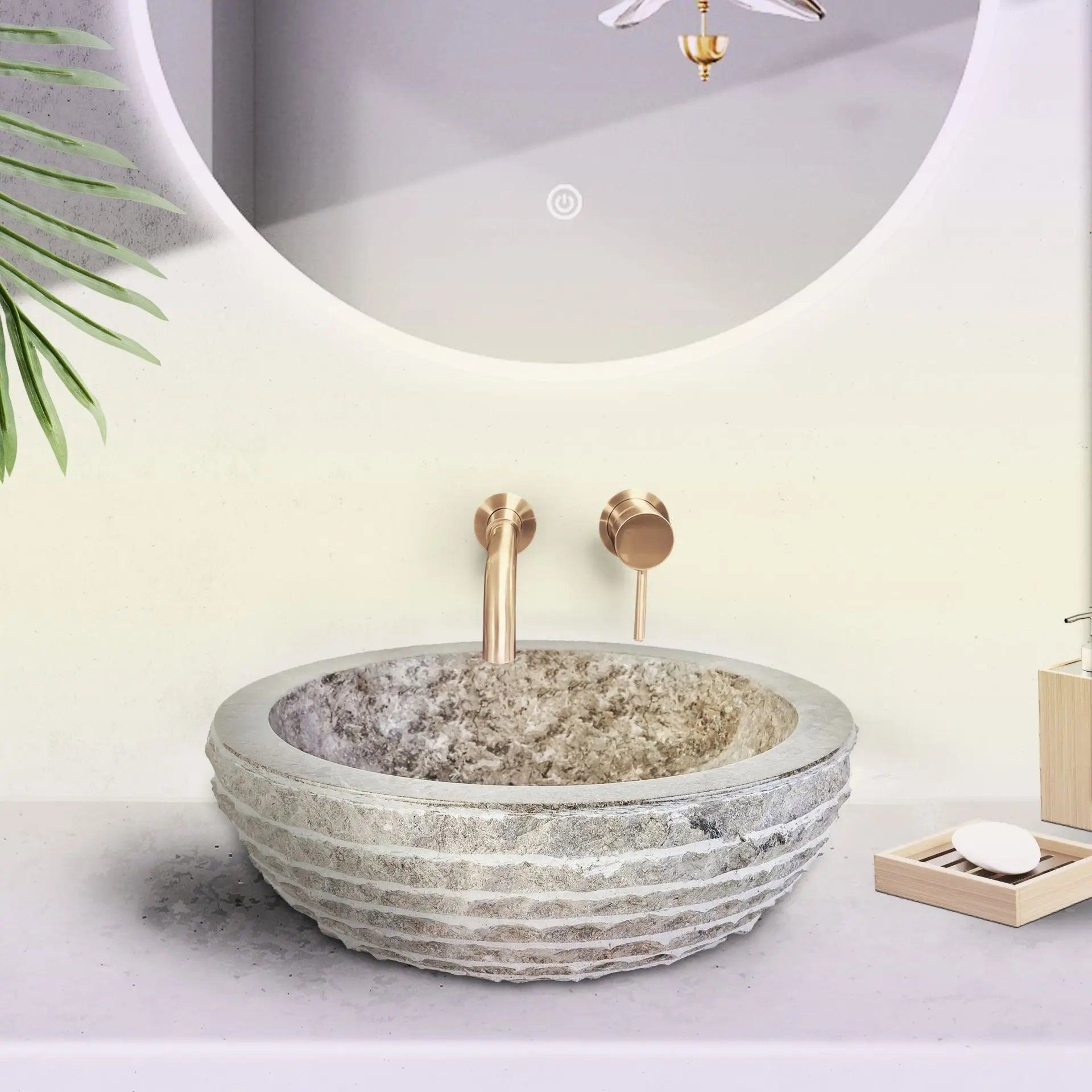 SaniSupreme Vierkante Waskom Jakarta gepolijste waskom Rond van steen - Grijs Gepolijste Binnenzijde Marmer 35x15CM