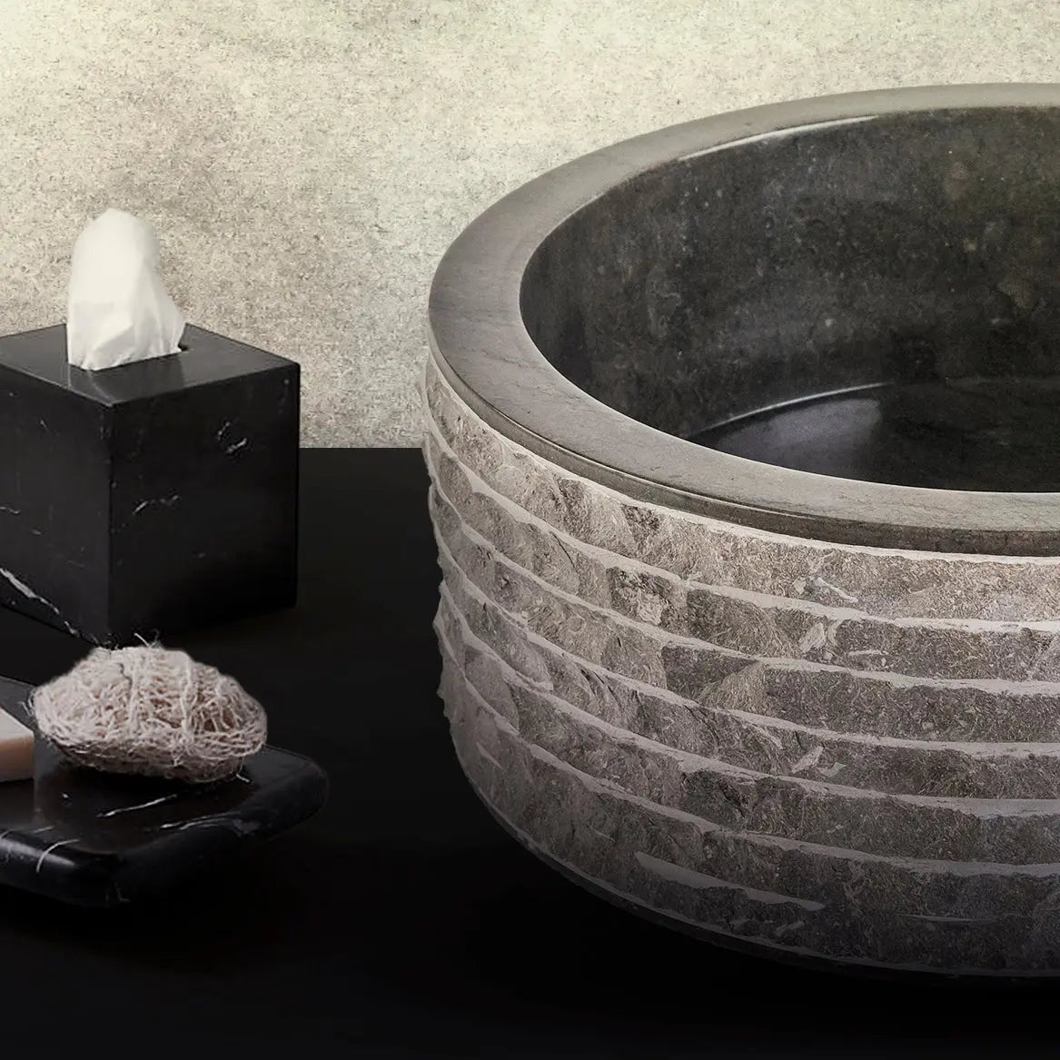 SaniSupreme Vierkante Waskom Jakarta gepolijste waskom Rond van steen - Grijs Zwart Marmer 40x15CM