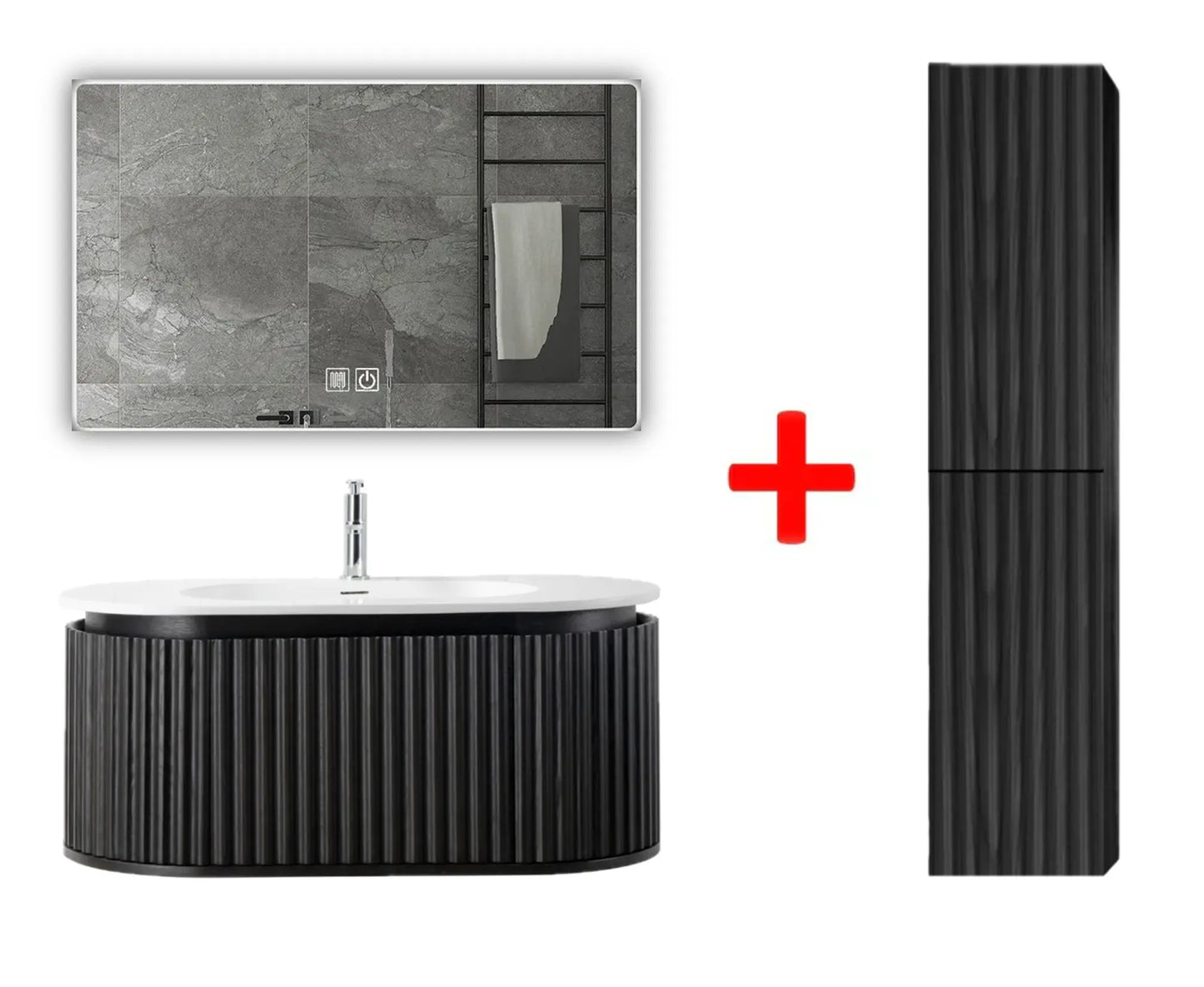 Bundel Korting Begonia Complete Wastafelonderkast + Kolomkast + LED Spiegel – Zwart Eiken SaniSupreme