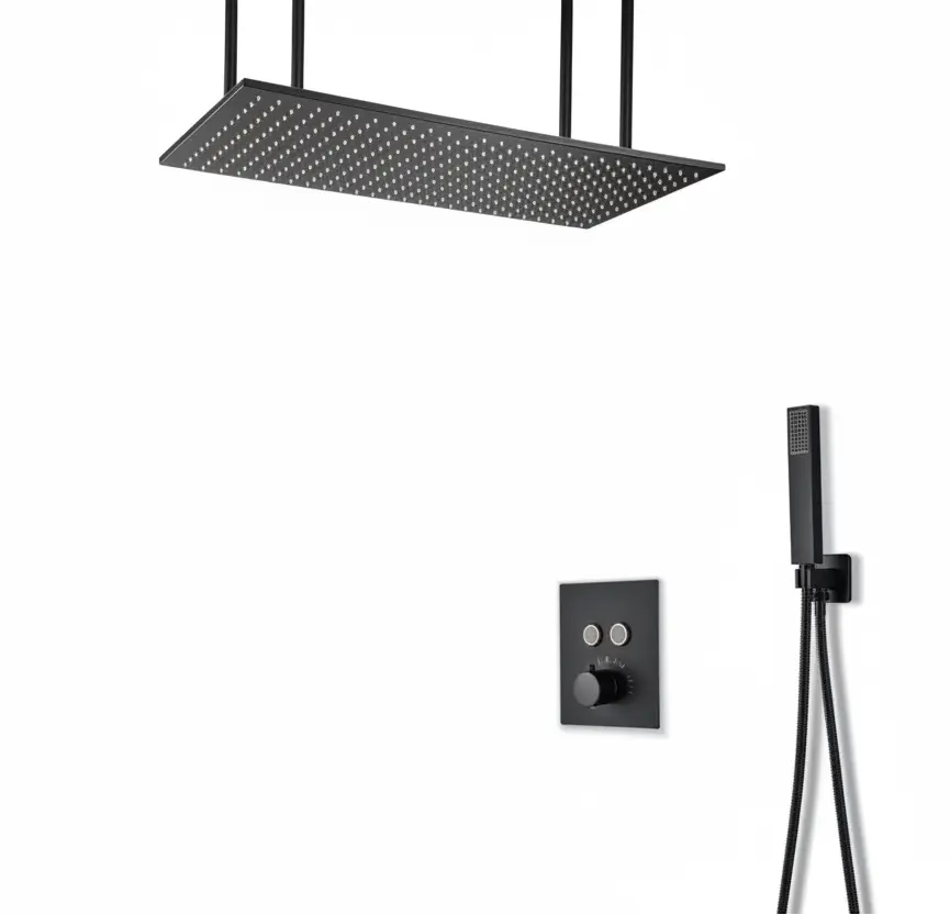 SaniSupreme®SmartPulse Plafond Thermostatische Doucheset Alicante 2 weg 40x80 cm regendouche mat zwart Sanisupreme