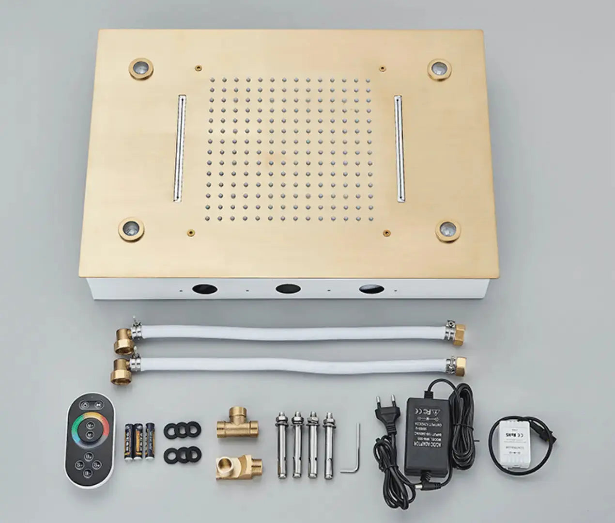 SaniSupreme®SmartPulse Inbouw Plafond Thermostatische Doucheset Manhattan LCD 3 weg LED regendouche La Paz Goud Geborsteld