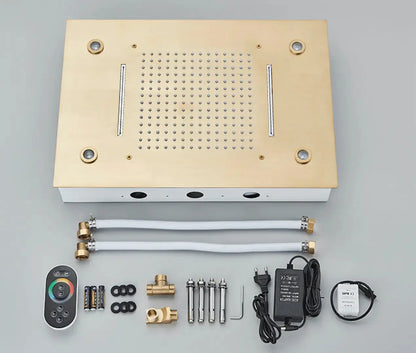 SaniSupreme®SmartPulse Inbouw Plafond Thermostatische Doucheset Manhattan LCD 3 weg LED regendouche La Paz Goud Geborsteld