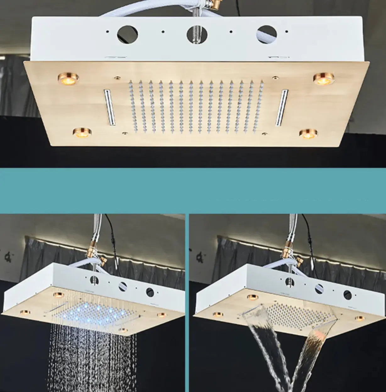 SaniSupreme®SmartPulse Inbouw Plafond Thermostatische Doucheset Manhattan LCD 3 weg LED regendouche La Paz Goud Geborsteld