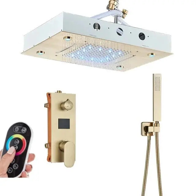 SaniSupreme®SmartPulse Inbouw Plafond Thermostatische Doucheset Manhattan LCD 3 weg LED regendouche La Paz Goud Geborsteld