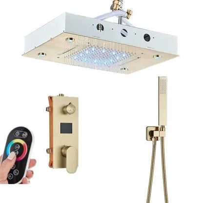 SaniSupreme®SmartPulse Inbouw Plafond Thermostatische Doucheset Manhattan LCD 3 weg LED regendouche La Paz Goud Geborsteld