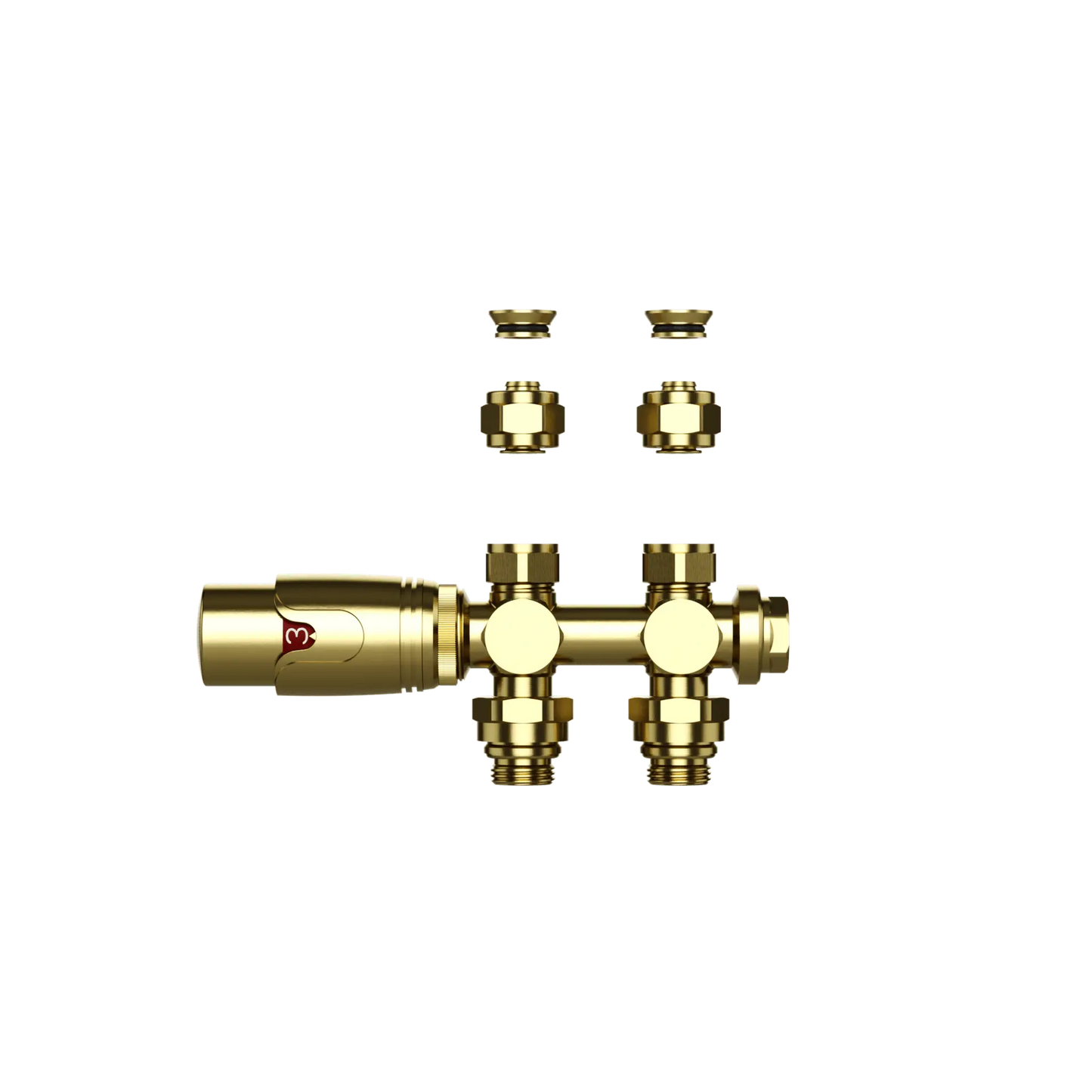 Thermostatische Radiatorkraan aansluitset 1/2" - 3/4" met thermostaatknop - muur en/of vloer bevestiging - Geborsteld Goud