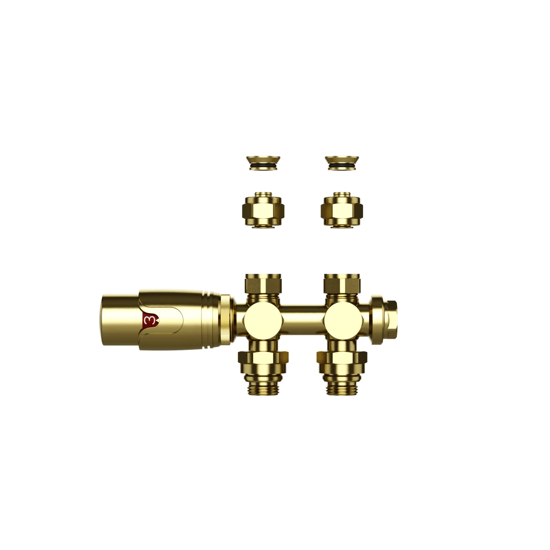 Thermostatische Radiatorkraan aansluitset 1/2" - 3/4" met thermostaatknop - muur en/of vloer bevestiging - Geborsteld Goud