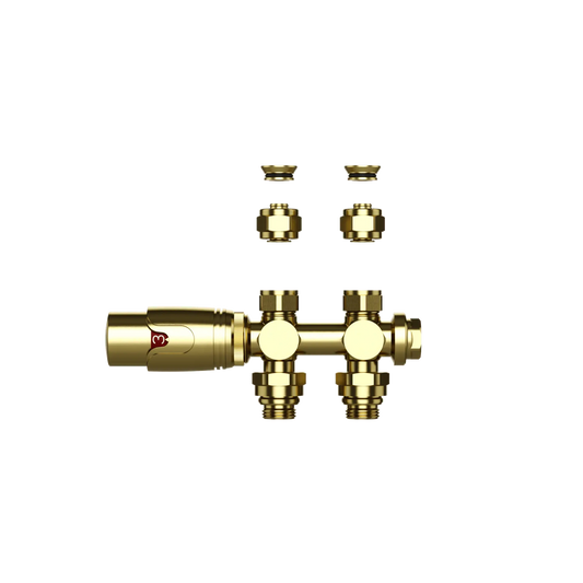Thermostatische Radiatorkraan aansluitset 1/2" - 3/4" met thermostaatknop - muur en/of vloer bevestiging - Geborsteld Goud