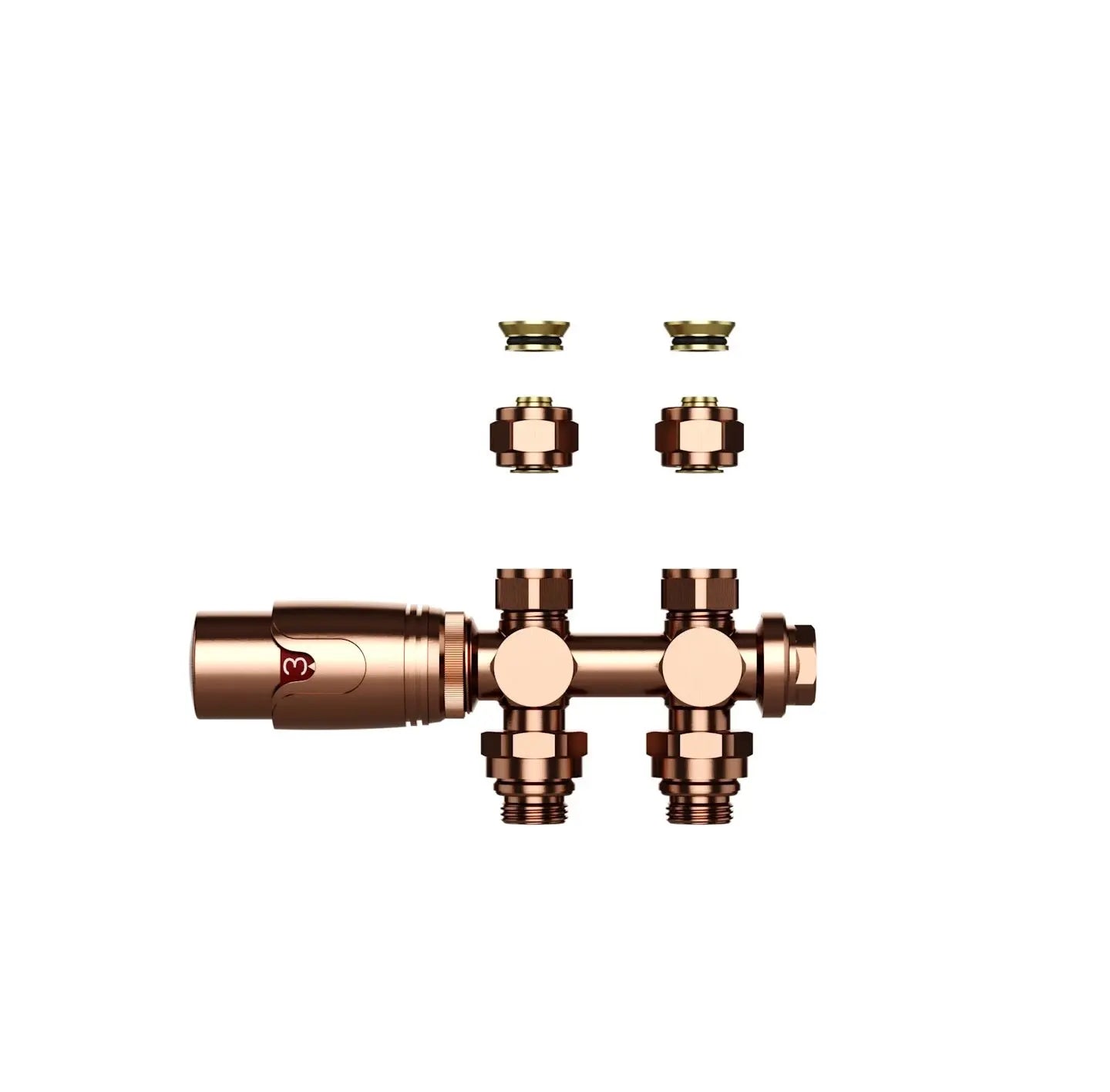 Thermostatische Radiatorkraan aansluitset 1/2" - 3/4" met thermostaatknop - muur en/of vloer bevestiging - Geborsteld Koper