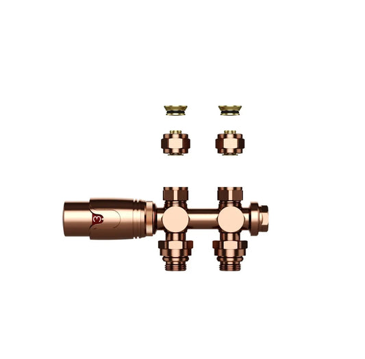 Thermostatische Radiatorkraan aansluitset 1/2" - 3/4" met thermostaatknop - muur en/of vloer bevestiging - Geborsteld Koper