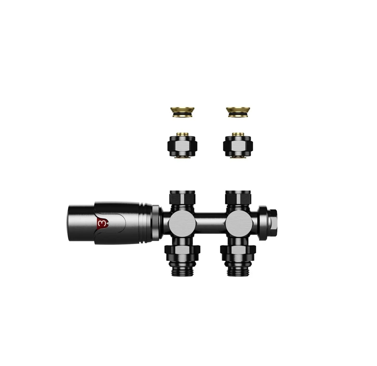 Thermostatische Radiatorkraan aansluitset 1/2" - 3/4" met thermostaatknop - muur en/of vloer bevestiging - Gunmetal