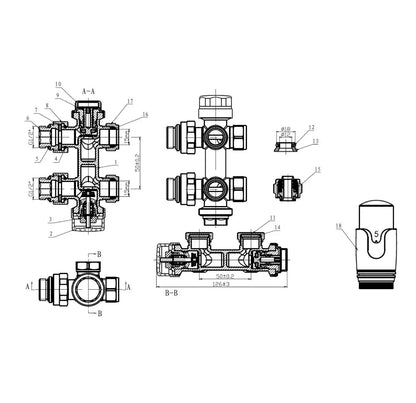 Thermostatische Radiatorkraan aansluitset 1/2" - 3/4" met thermostaatknop - muur en/of vloer bevestiging - Gunmetal