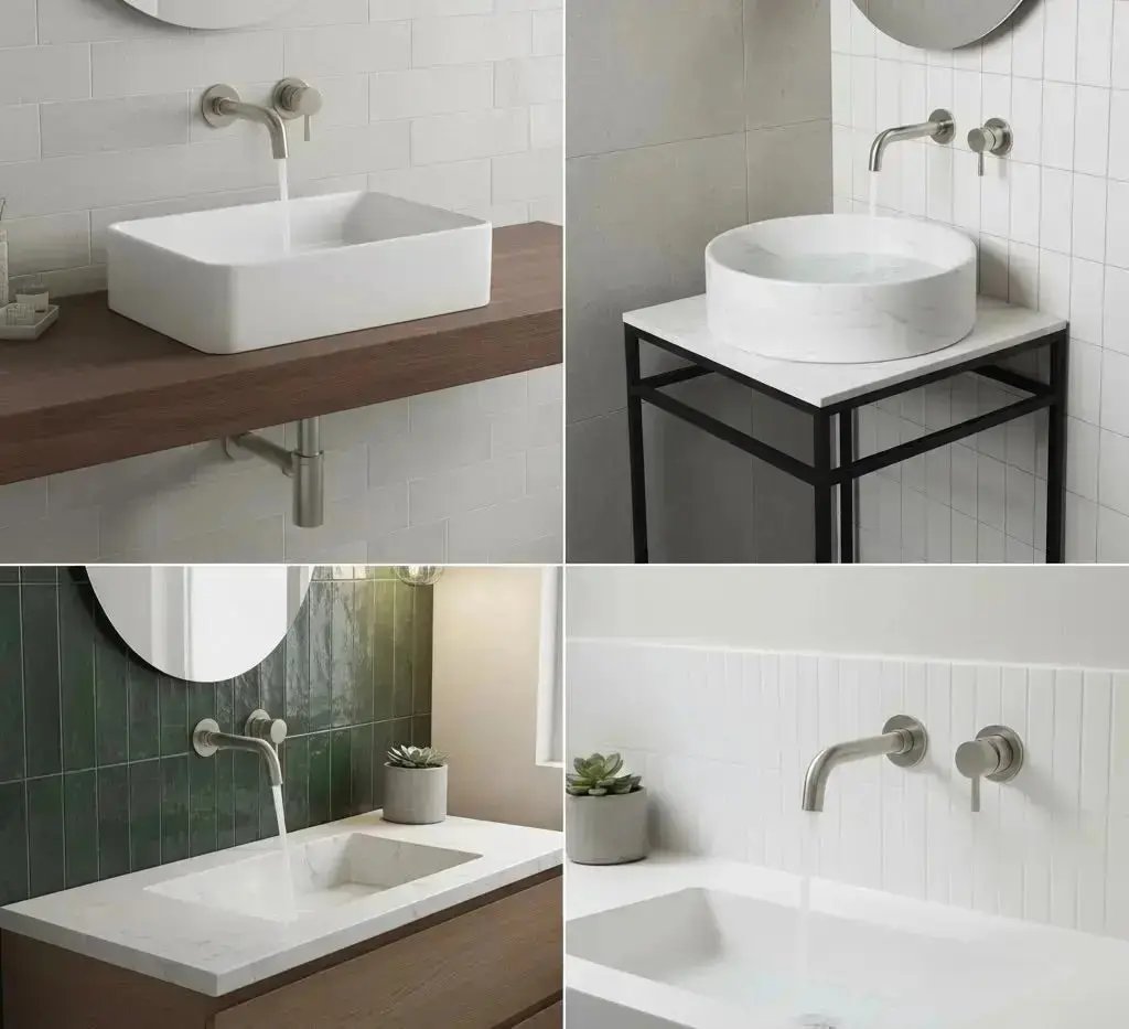 Een collage van vier moderne badkameropstellingen, elk met eenÊwandgemonteerde kraanÊin geborsteld nikkel boven verschillende stijlen van wastafels en tegelwanden.