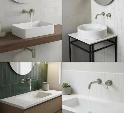 Een collage van vier moderne badkameropstellingen, elk met eenÊwandgemonteerde kraanÊin geborsteld nikkel boven verschillende stijlen van wastafels en tegelwanden.