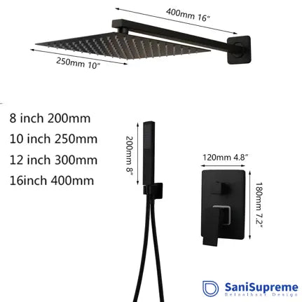 SaniSupreme Doucheset Bolivia Premium 10 inch 25 cm. regendouche vierkant 2-weg zwart inbouw Sanisupreme