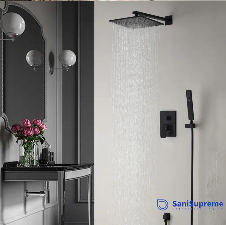 SaniSupreme Doucheset Bolivia Premium 10 inch 25 cm. regendouche vierkant 2-weg zwart inbouw Sanisupreme