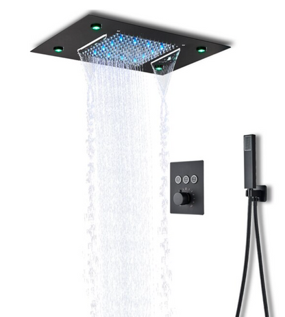 Ensemble de douche numérique SaniSupreme Manhattan Premium de Luxe Douche de pluie LCD à 3 voies avec plafond LED Unité de douche intégrée 50 x 35 cm. noir mat