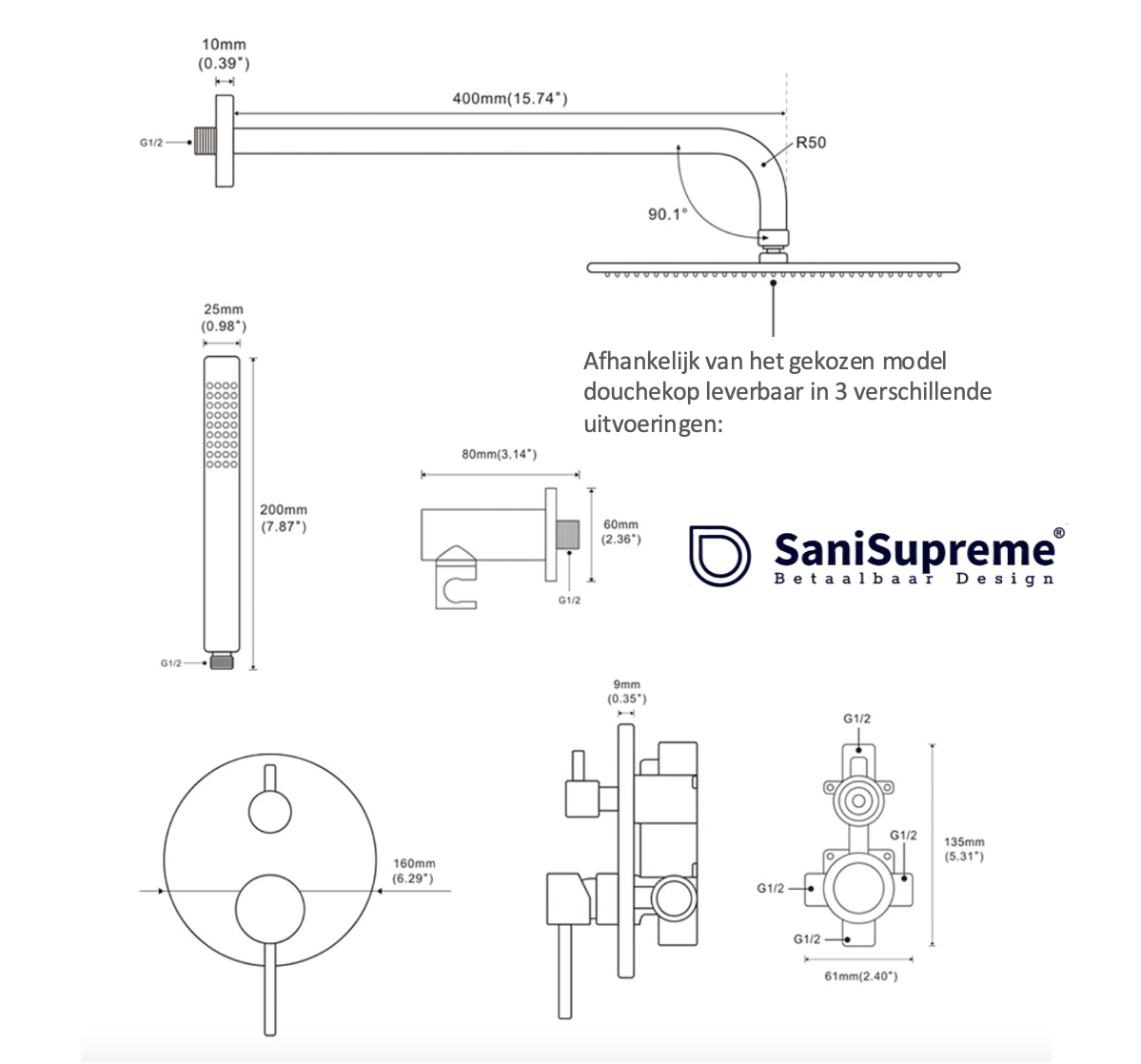 SaniSupreme Inbouw Doucheset Brugge 10 inch 25cm Regendouche rond 2-weg zwart