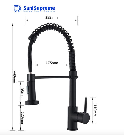 SaniSupreme® thermostatic kitchen mixer San Marino curved with matt black spring