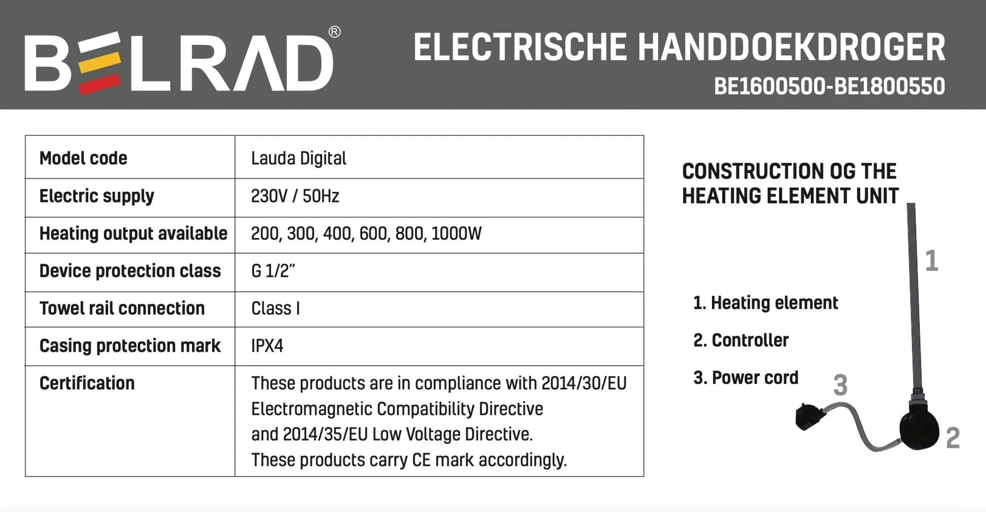Badkamer Elektrische Radiator Handdoekverwarming 1800 x 550 Blackline mat zwart