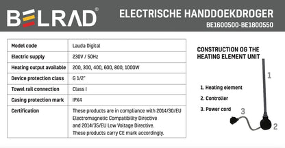 Badkamer Elektrische Radiator Handdoekverwarming 1800 x 550 Blackline mat zwart