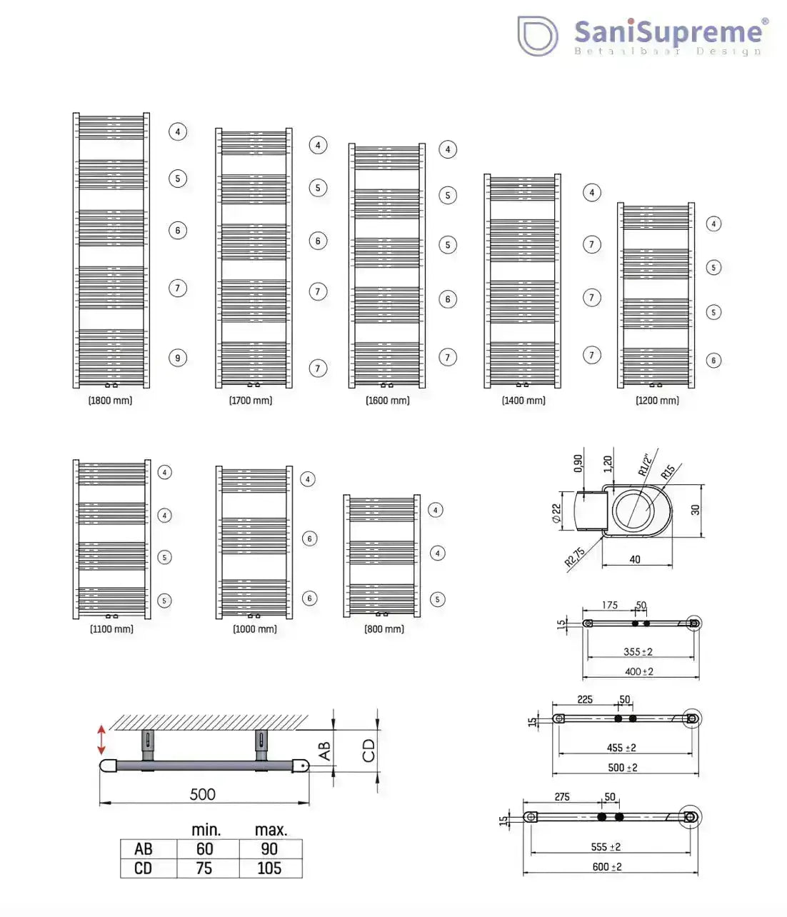 Badkamer Elektrische Radiator Handdoekverwarming Links aansluiting 1600X500 - 755W SkyLine Wit