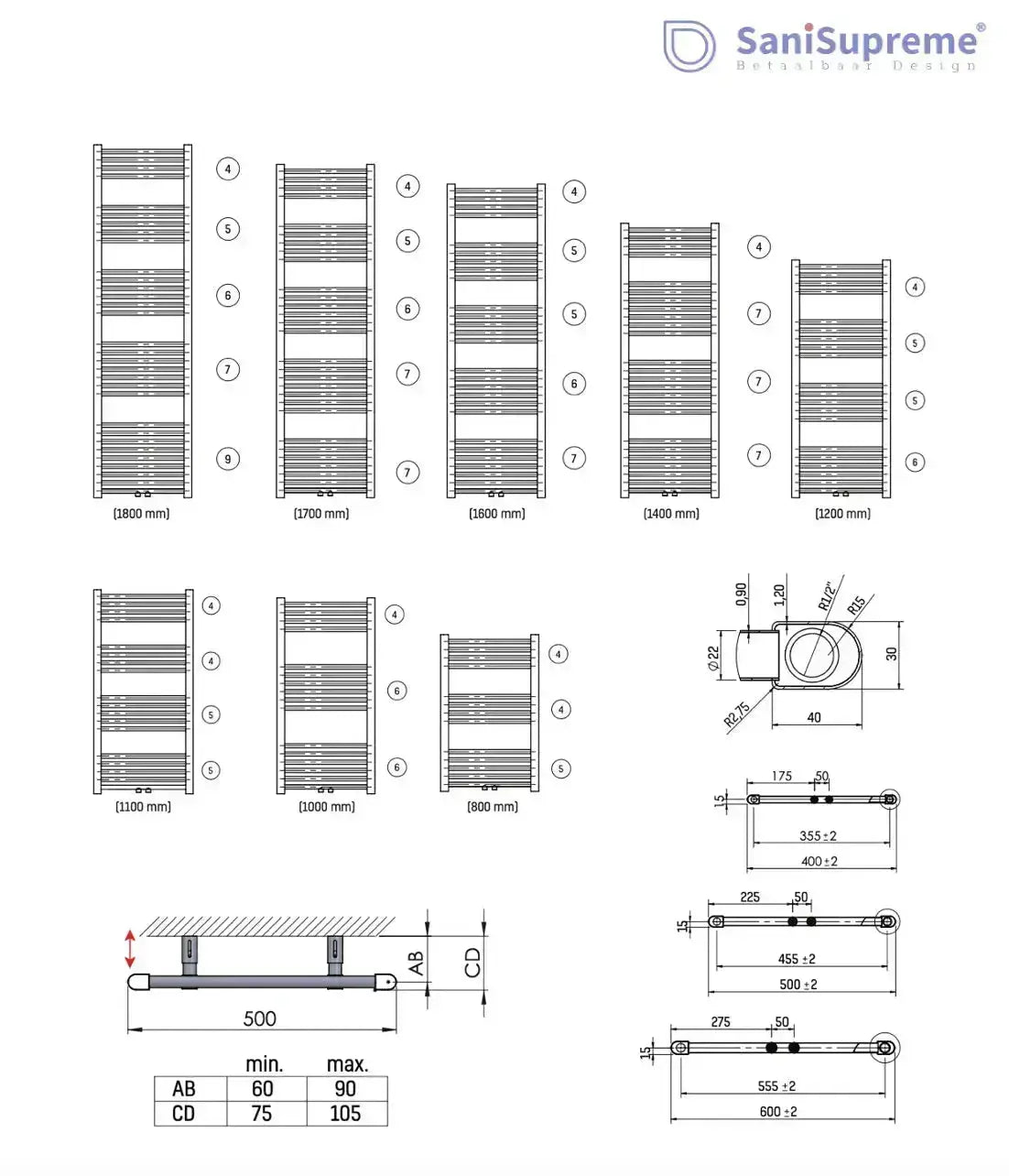 Badkamer Radiator Handdoekverwarming 1200 x 500 Mat Zwart